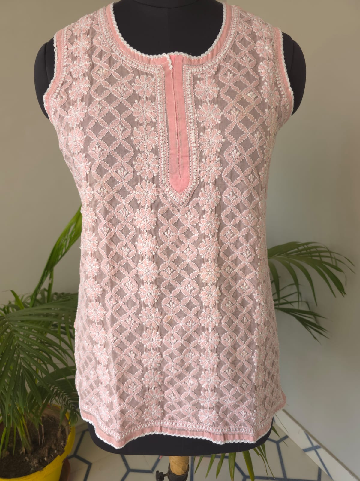 Soft Cotton Hand Embroidered Rose Pink sleeveless short top