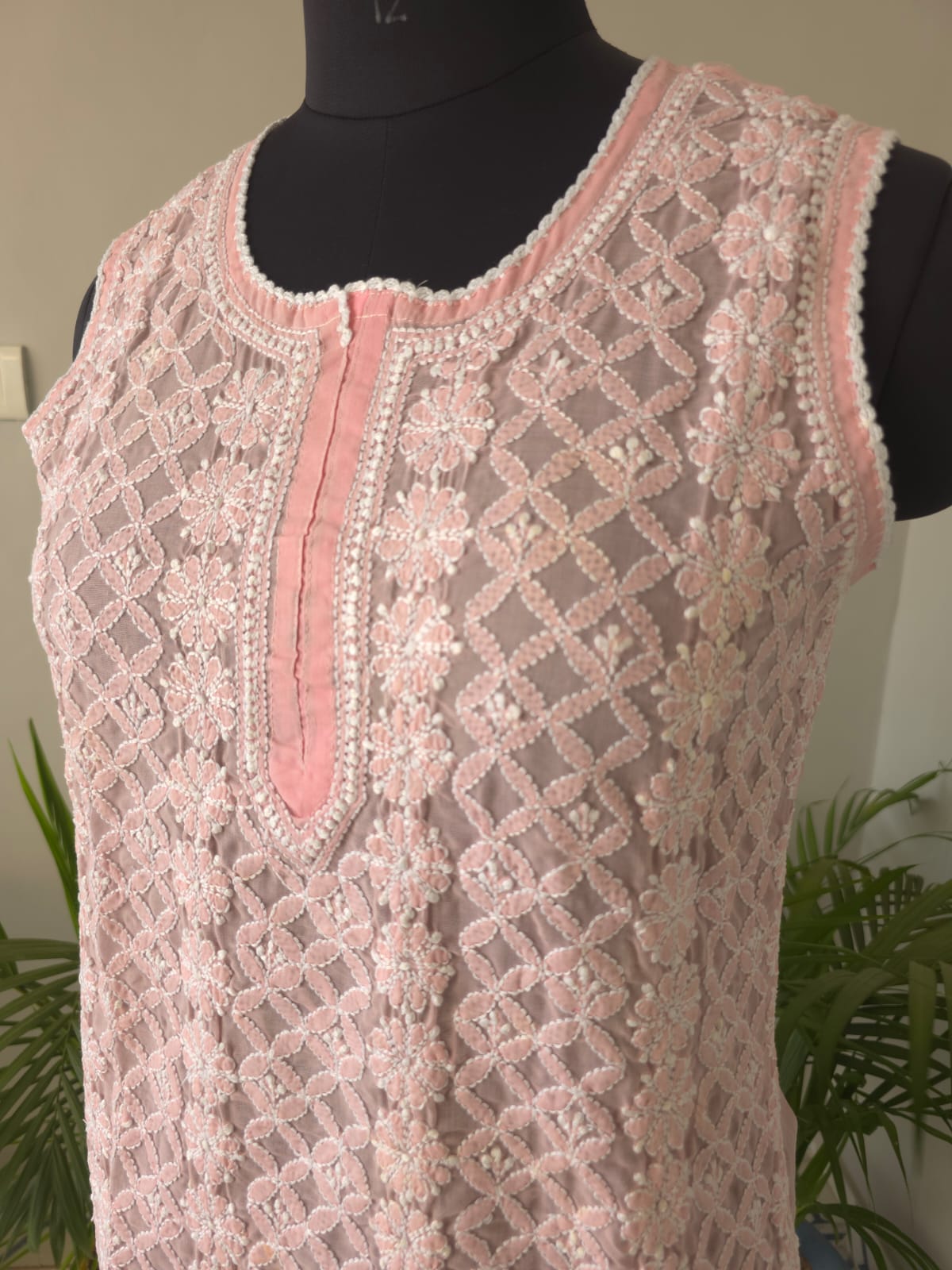Soft Cotton Hand Embroidered Rose Pink sleeveless short top