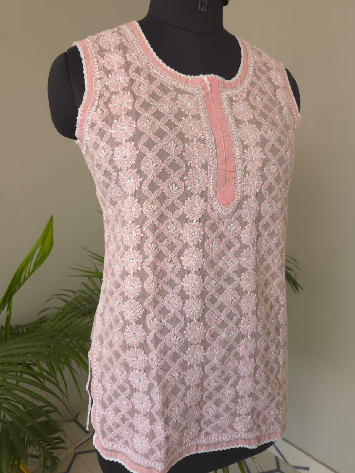 Soft Cotton Hand Embroidered Rose Pink sleeveless short top