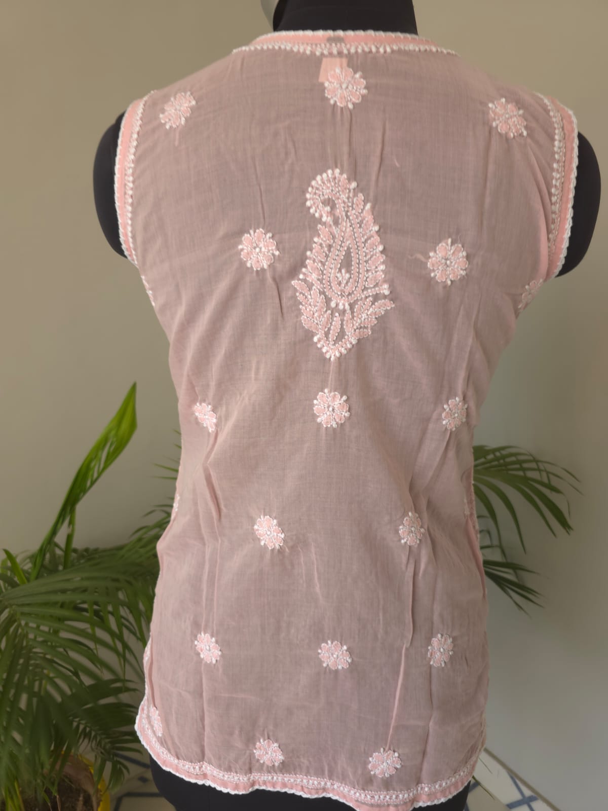 Soft Cotton Hand Embroidered Rose Pink sleeveless short top