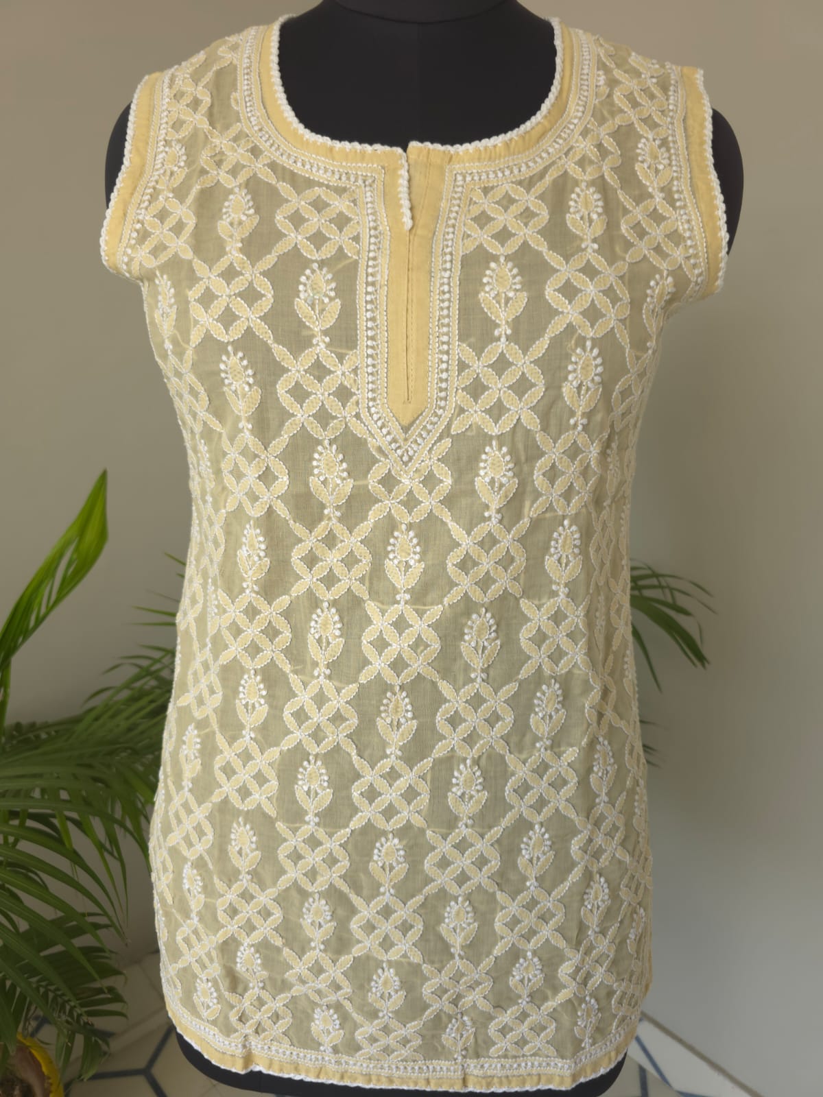Soft Cotton Hand Embroidered Beige Sleeveless short top