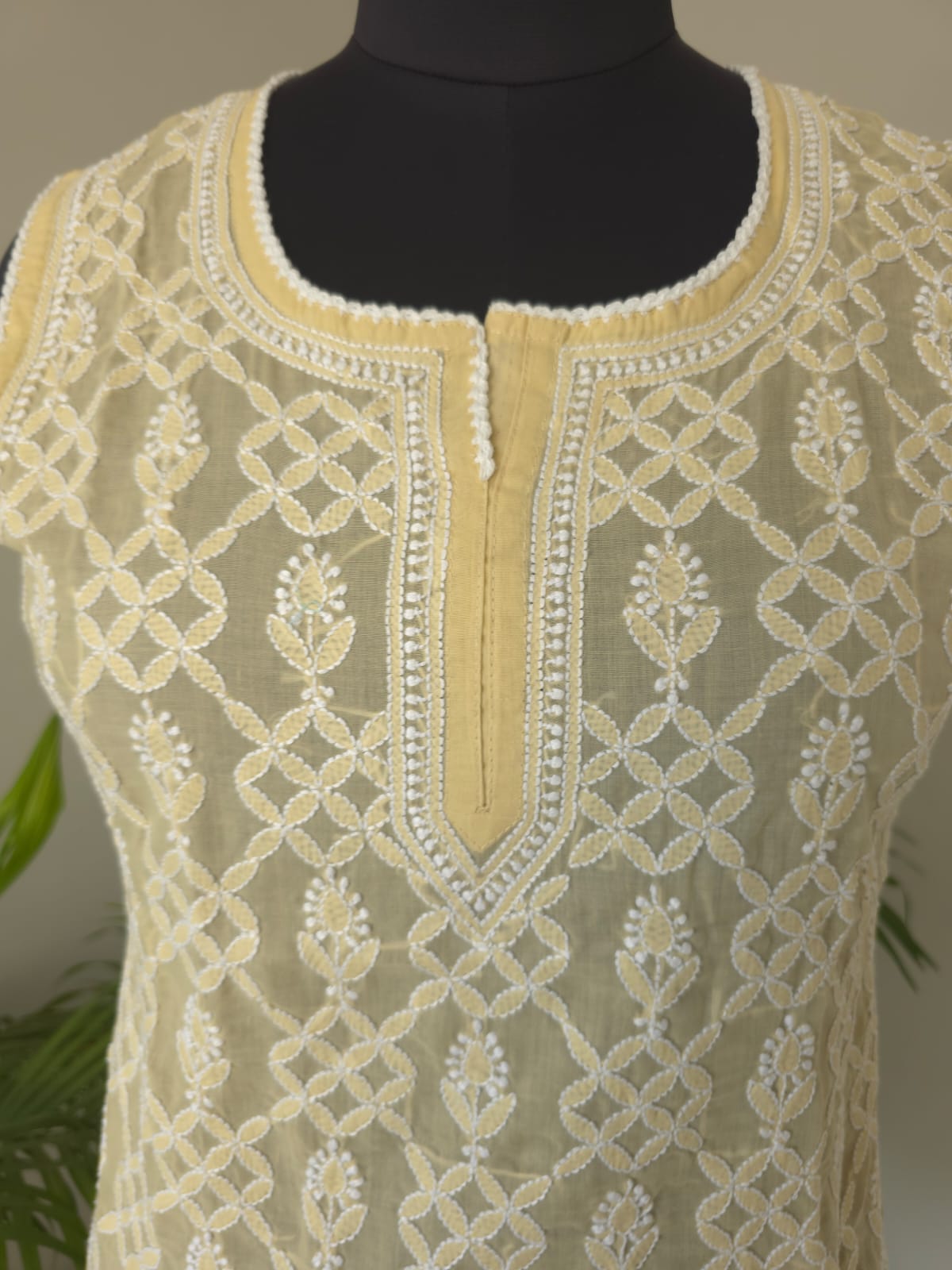 Soft Cotton Hand Embroidered Beige Sleeveless short top