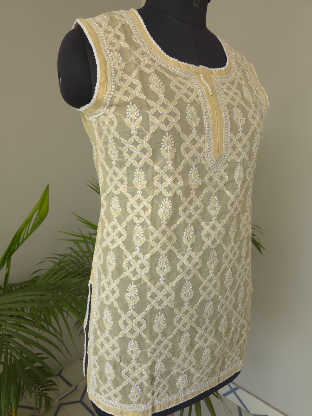 Soft Cotton Hand Embroidered Beige Sleeveless short top