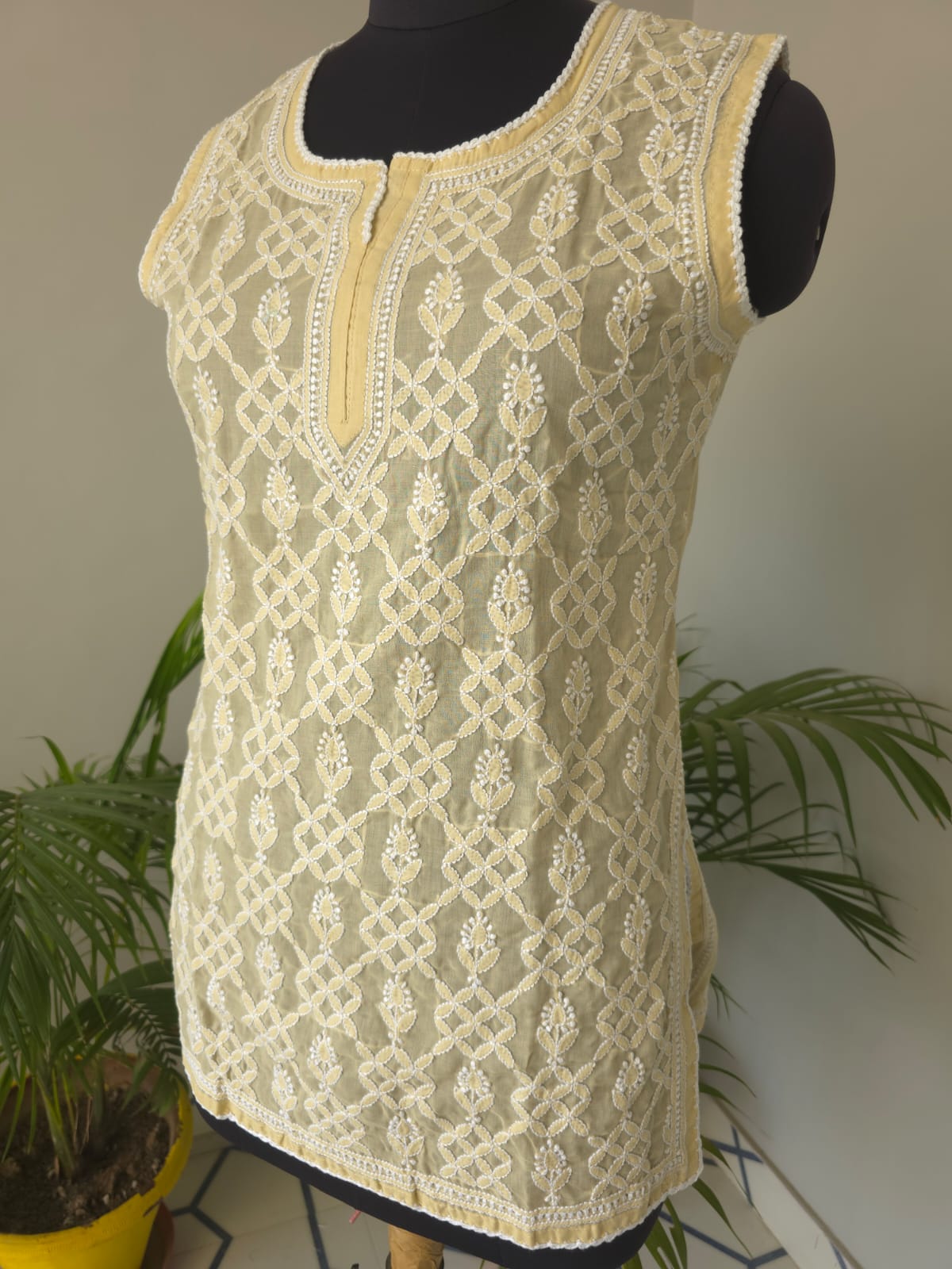 Soft Cotton Hand Embroidered Beige Sleeveless short top
