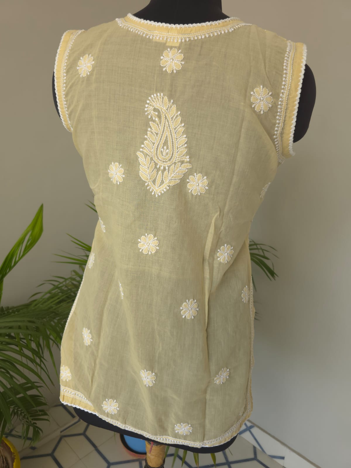 Soft Cotton Hand Embroidered Beige Sleeveless short top