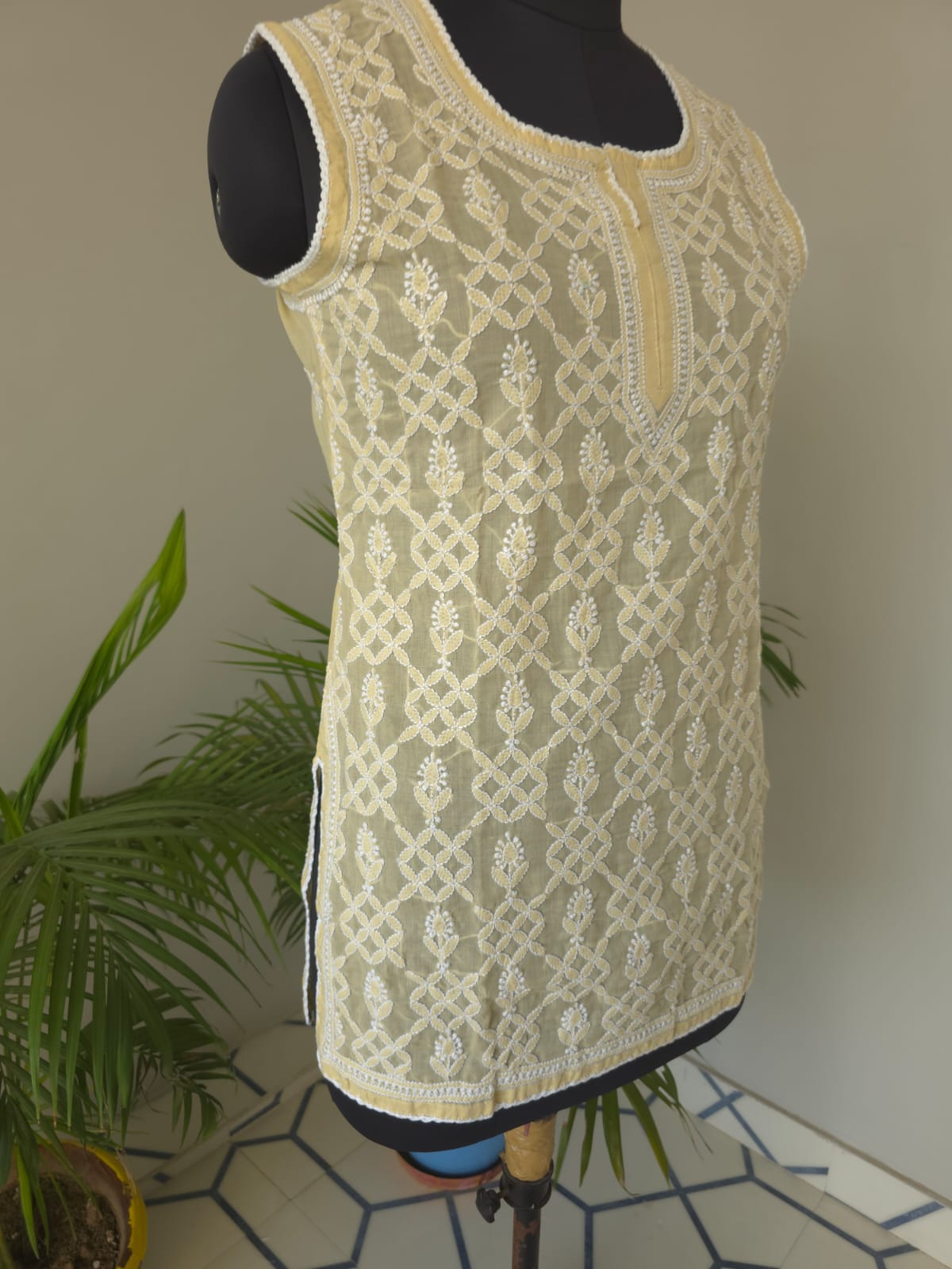 Soft Cotton Hand Embroidered Beige Sleeveless short top