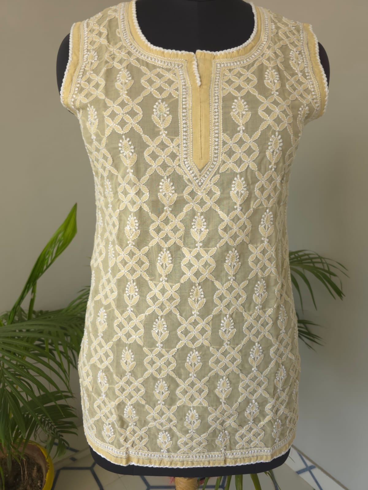 Soft Cotton Hand Embroidered Beige Sleeveless short top