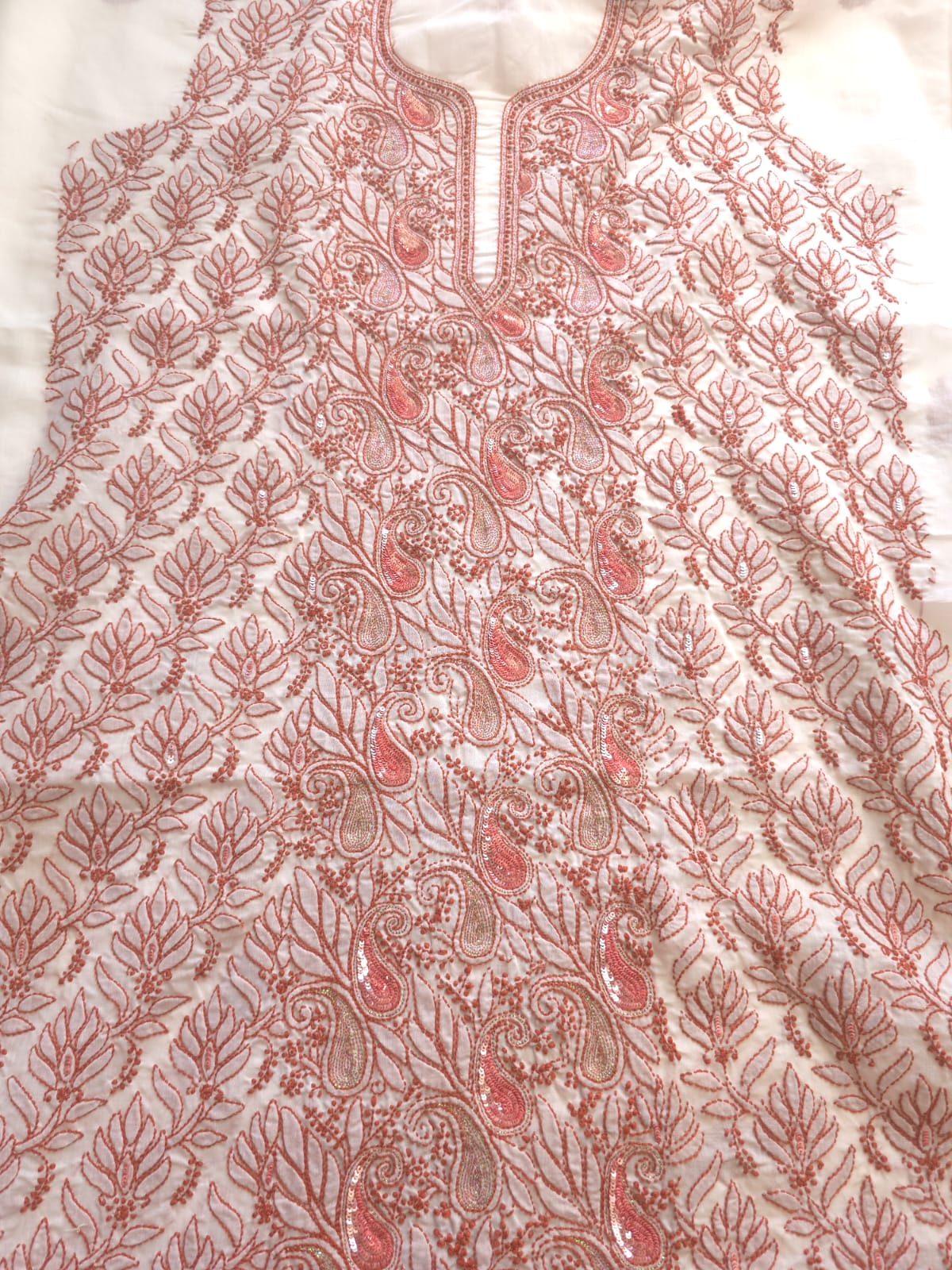 White cotton Kurta fabric with Rust color chikankari with sequins work