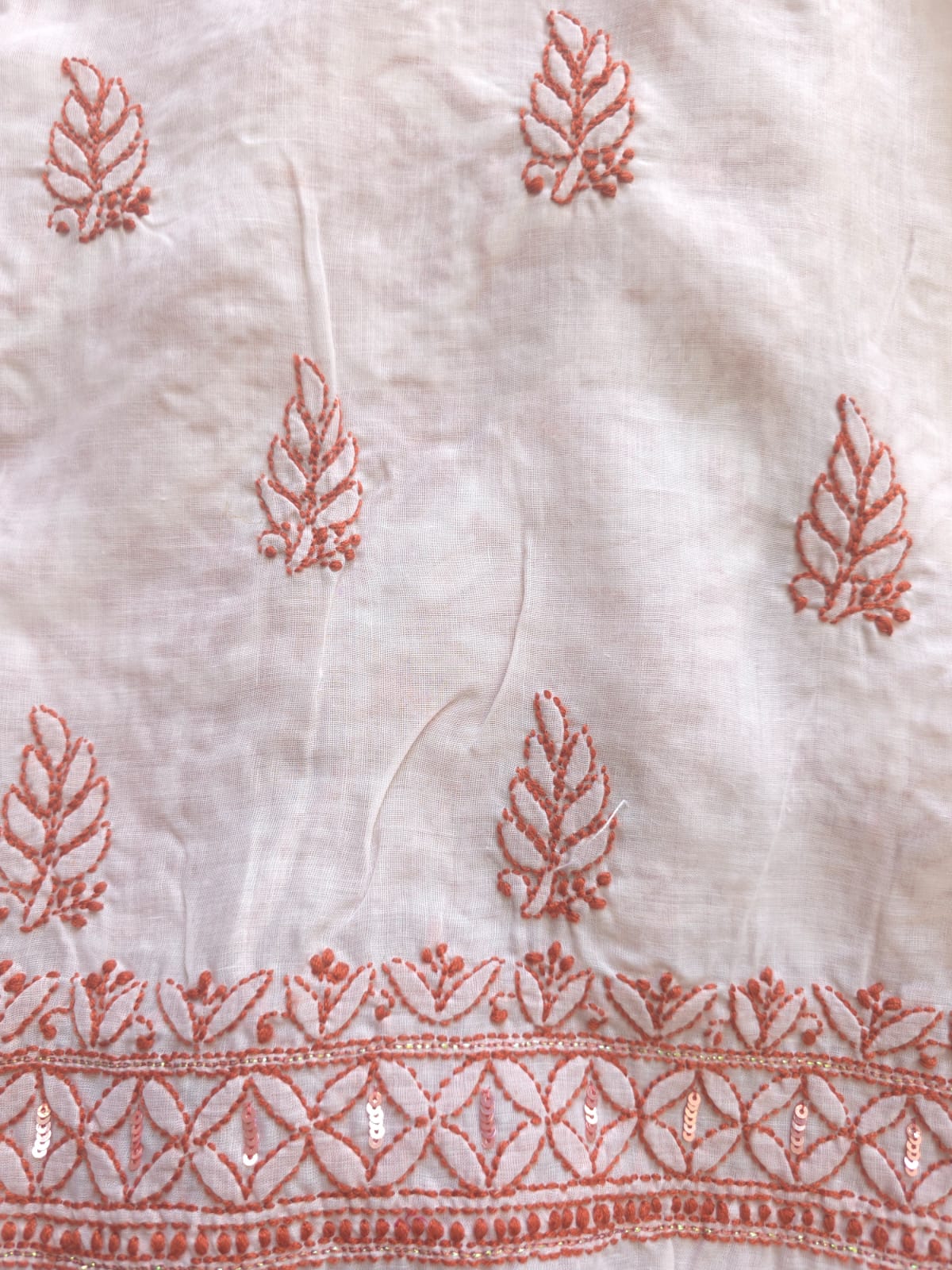 White cotton Kurta fabric with Rust color chikankari with sequins work