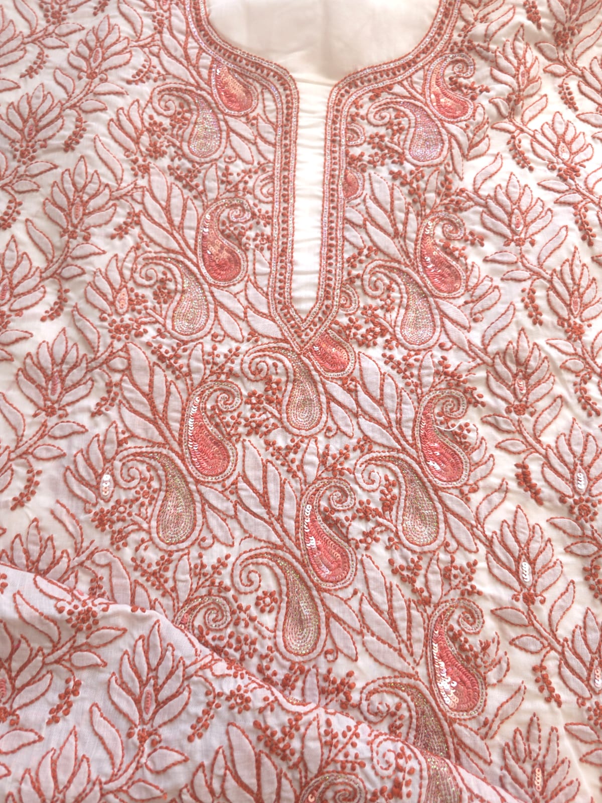 White cotton Kurta fabric with Rust color chikankari with sequins work