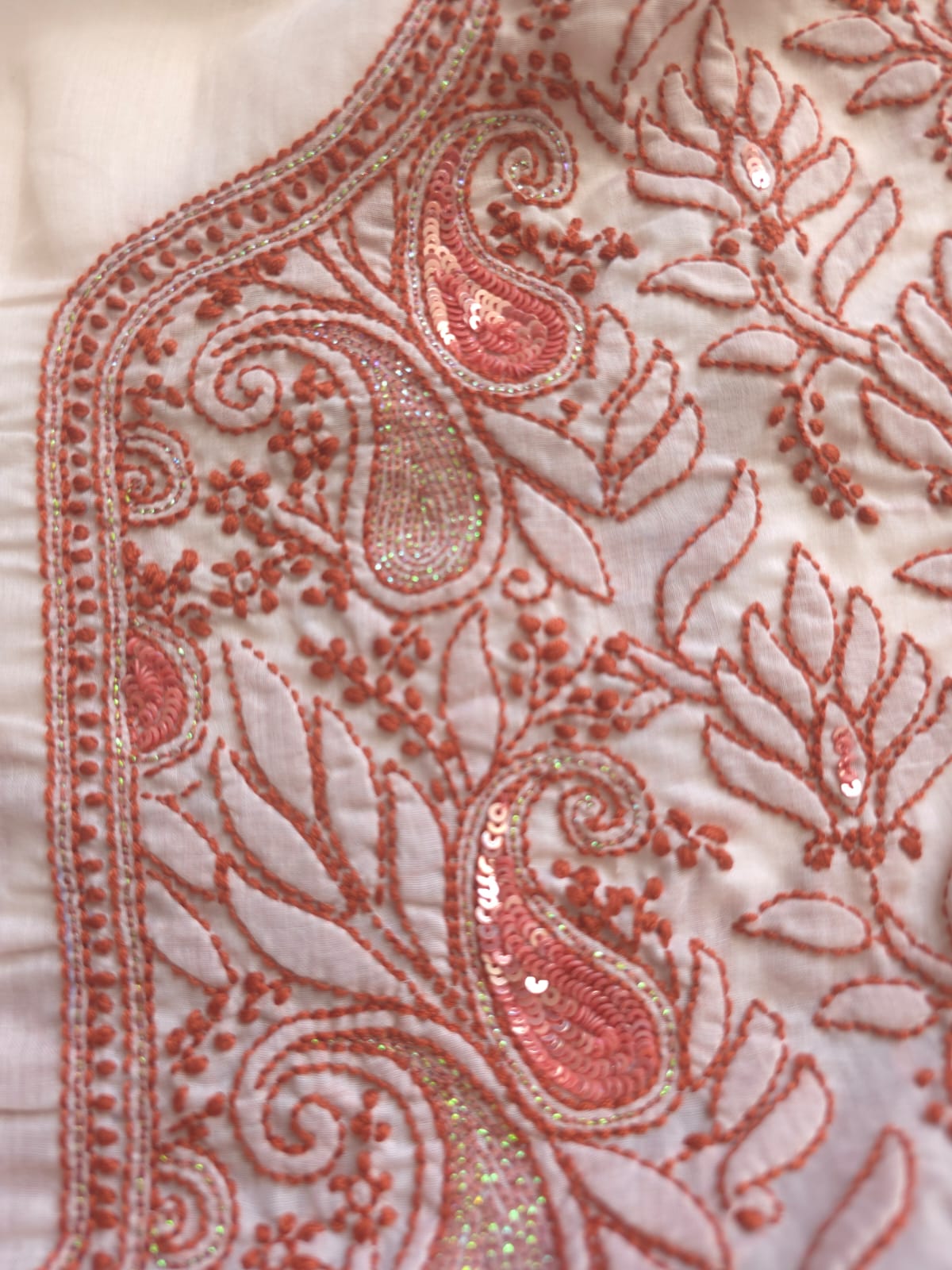 White cotton Kurta fabric with Rust color chikankari with sequins work
