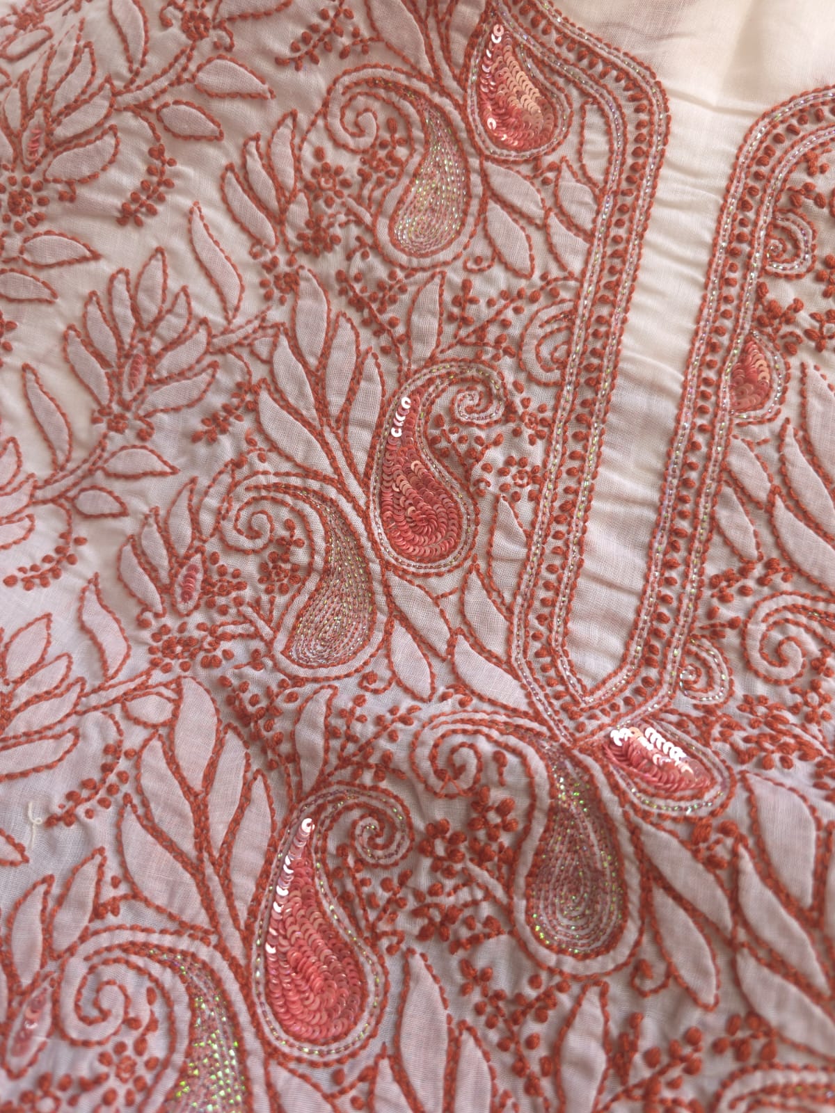 White cotton Kurta fabric with Rust color chikankari with sequins work