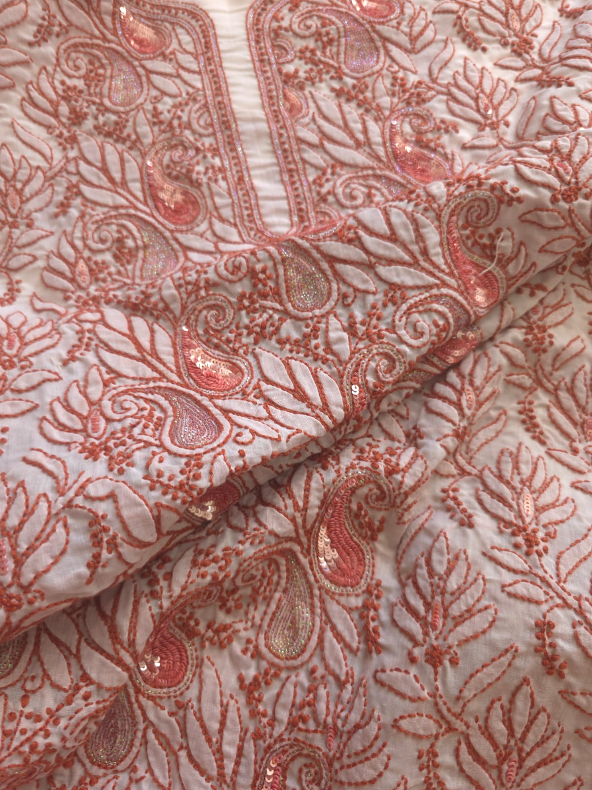 White cotton Kurta fabric with Rust color chikankari with sequins work