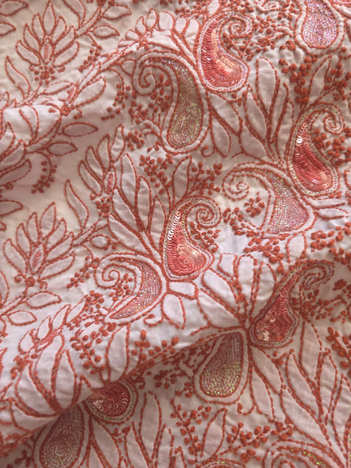 White cotton Kurta fabric with Rust color chikankari with sequins work