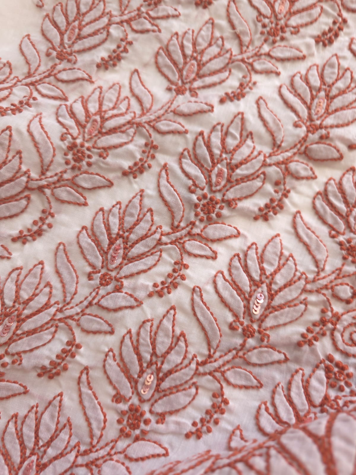 White cotton Kurta fabric with Rust color chikankari with sequins work