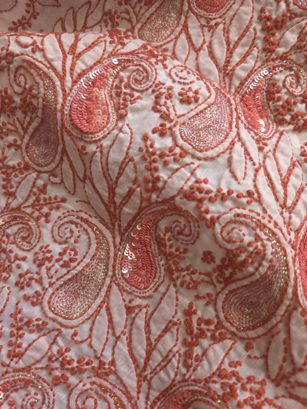 White cotton Kurta fabric with Rust color chikankari with sequins work