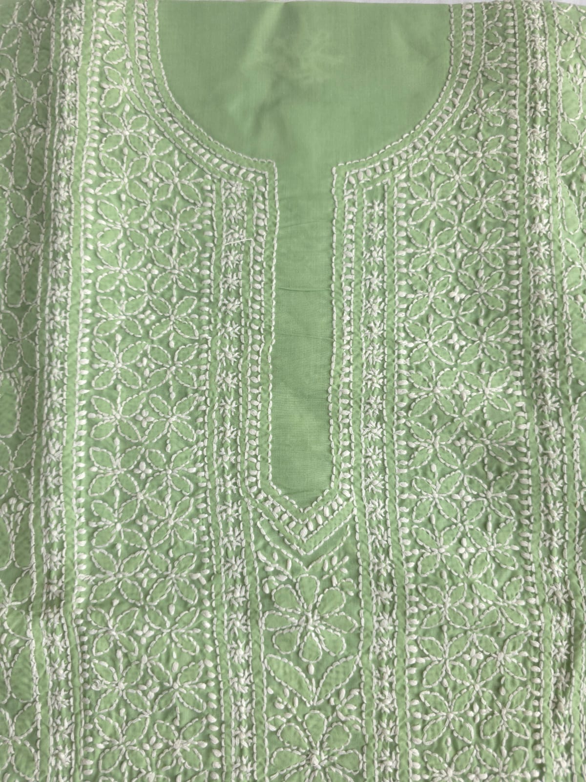 Green Cotton Kurta Fabric with Fine chikankari