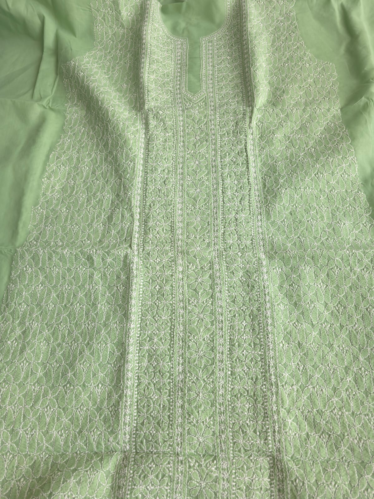 Green Cotton Kurta Fabric with Fine chikankari