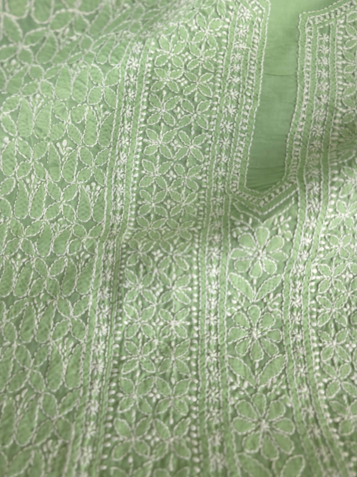 Green Cotton Kurta Fabric with Fine chikankari