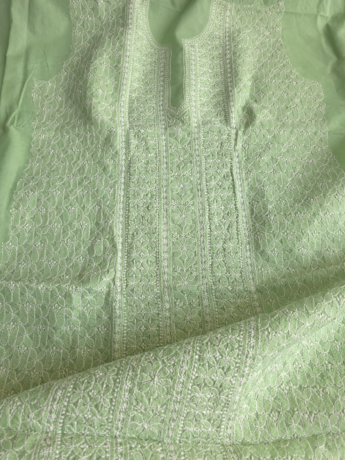 Green Cotton Kurta Fabric with Fine chikankari