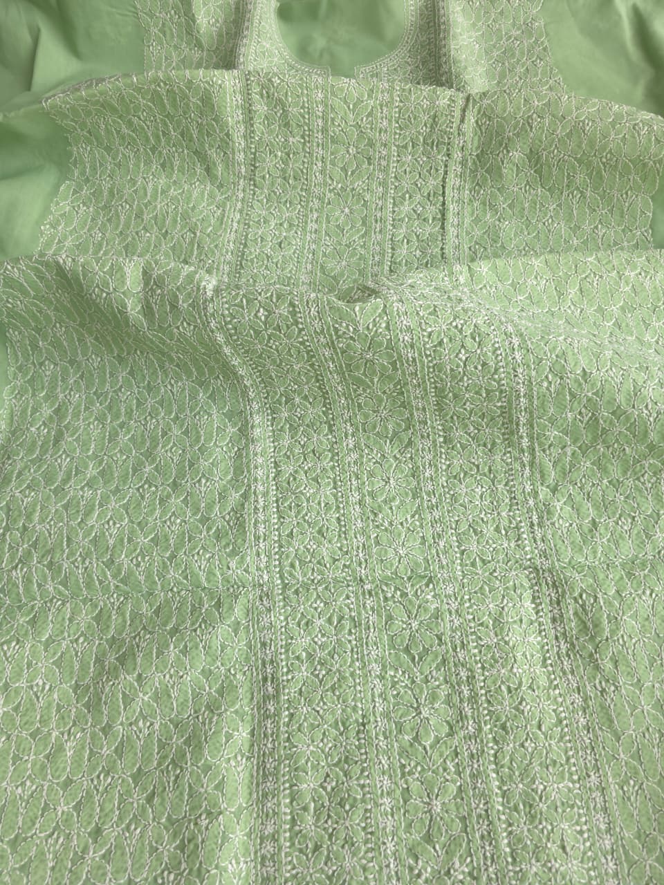 Green Cotton Kurta Fabric with Fine chikankari