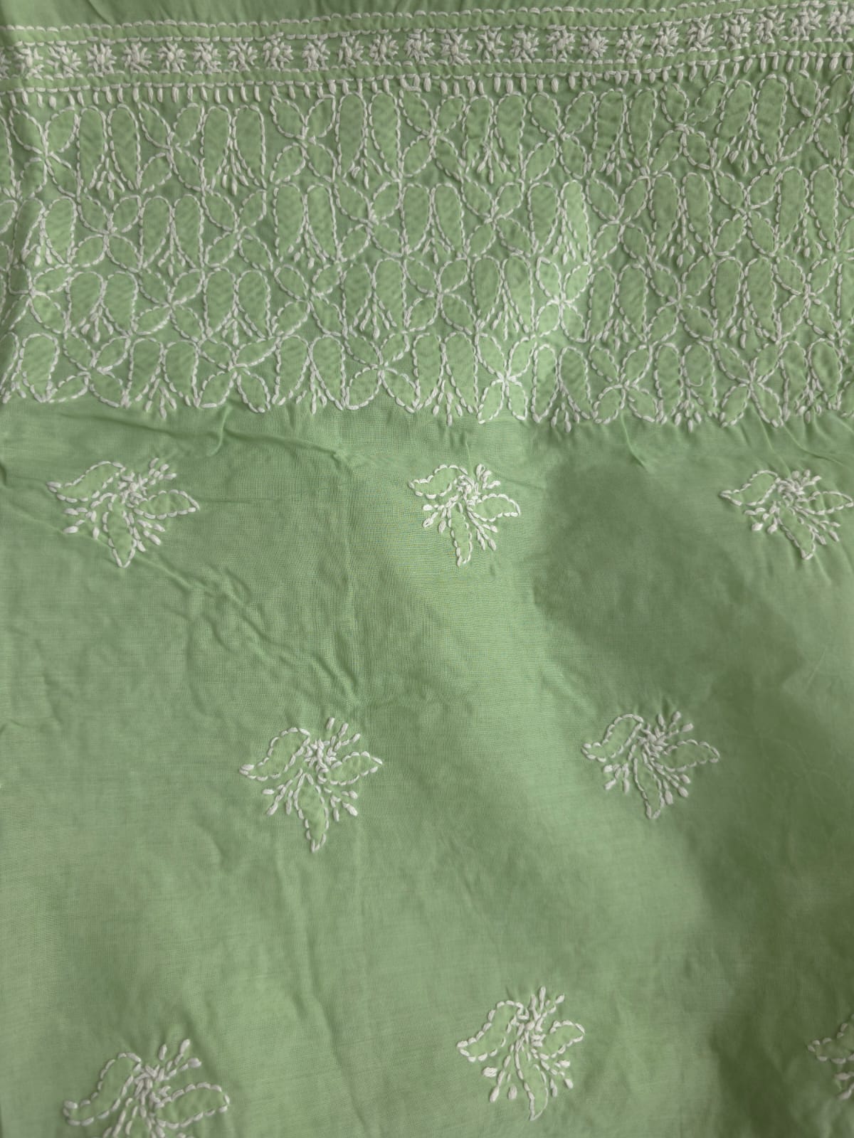 Green Cotton Kurta Fabric with Fine chikankari