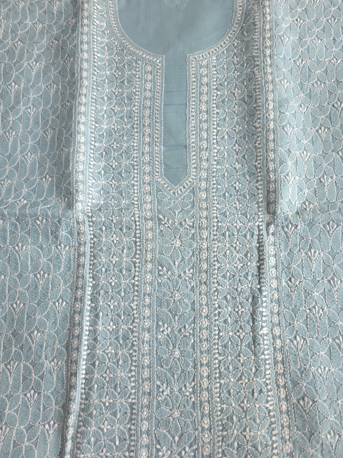 Grey Cotton Kurta fabric with Fine Chikankari
