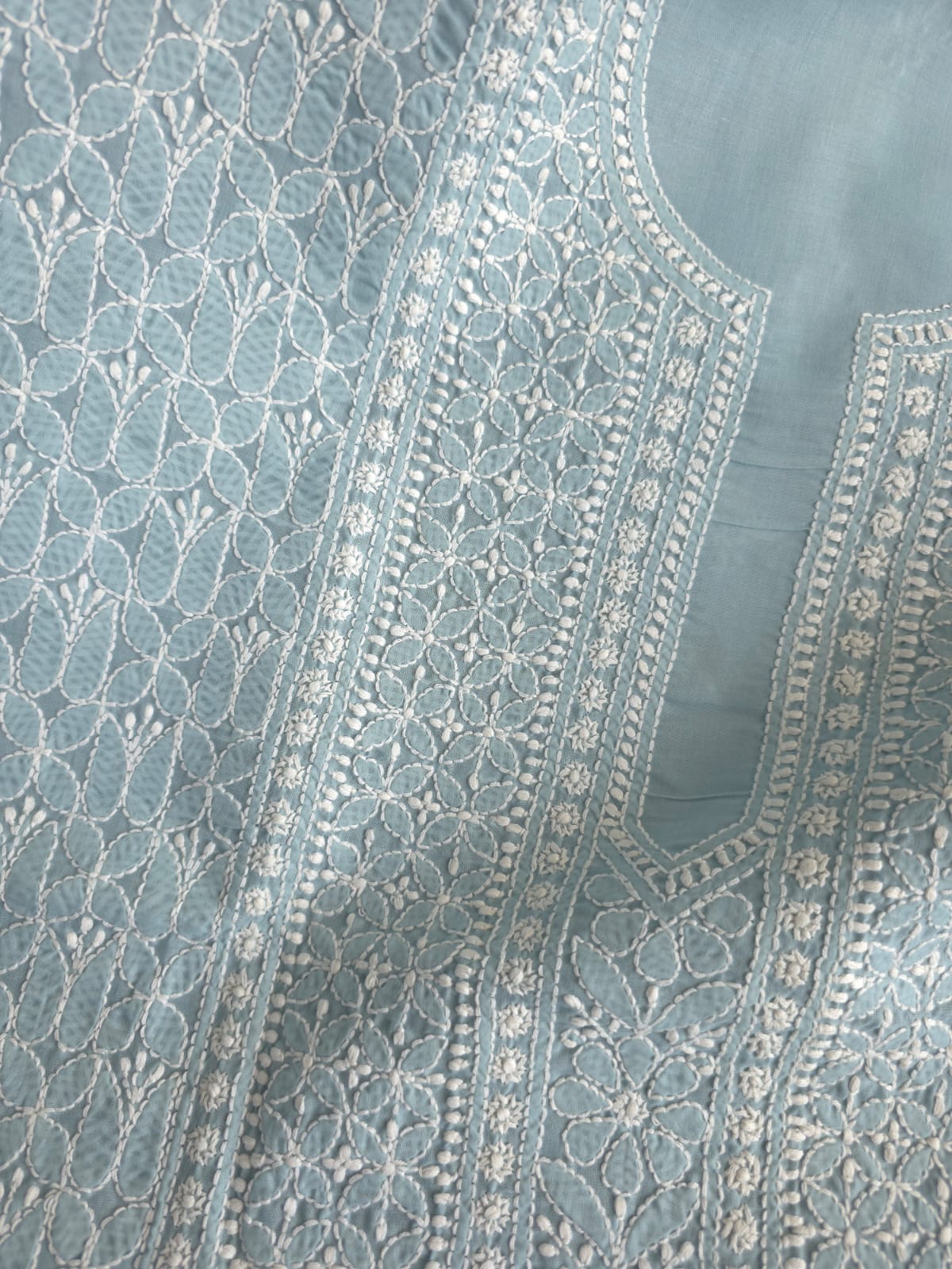 Grey Cotton Kurta fabric with Fine Chikankari