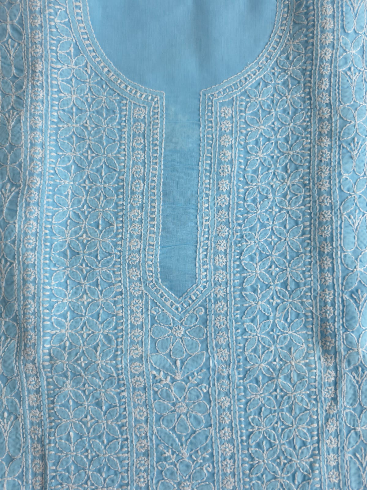 Sky Blue Cotton Kurta fabric with heavy Handwork