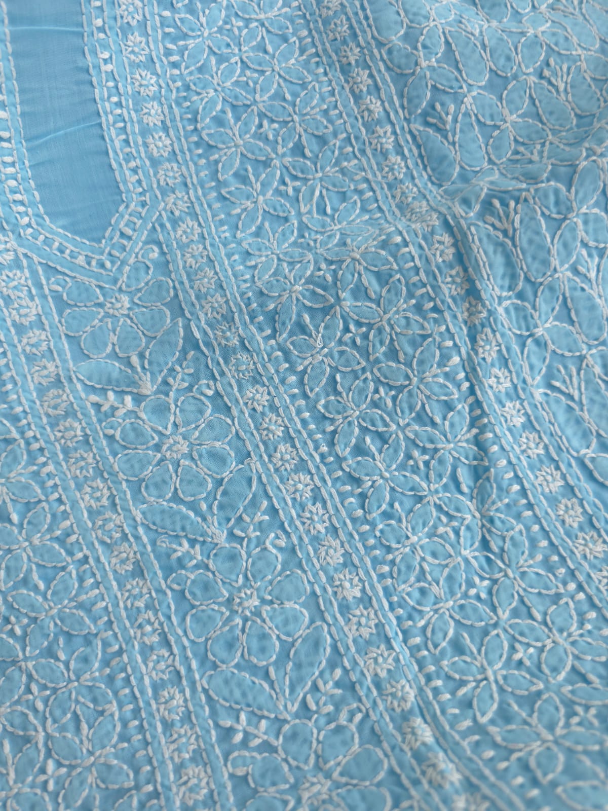 Sky Blue Cotton Kurta fabric with heavy Handwork
