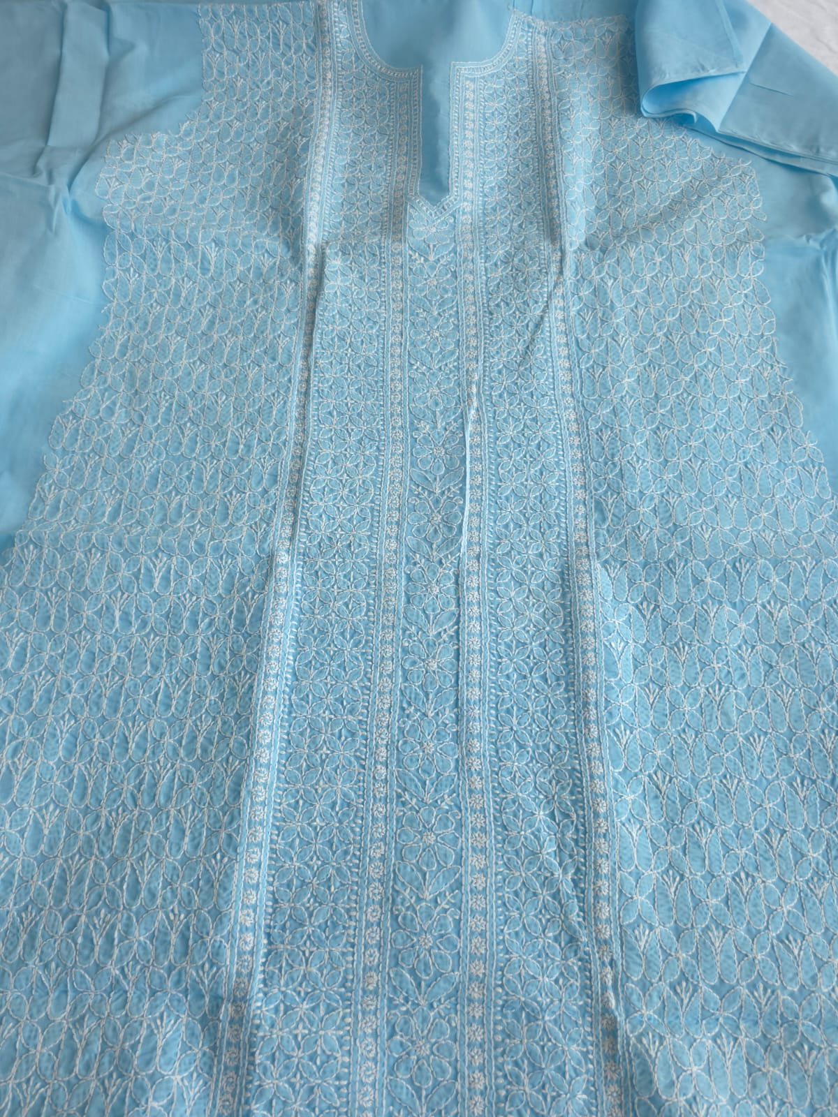 Sky Blue Cotton Kurta fabric with heavy Handwork