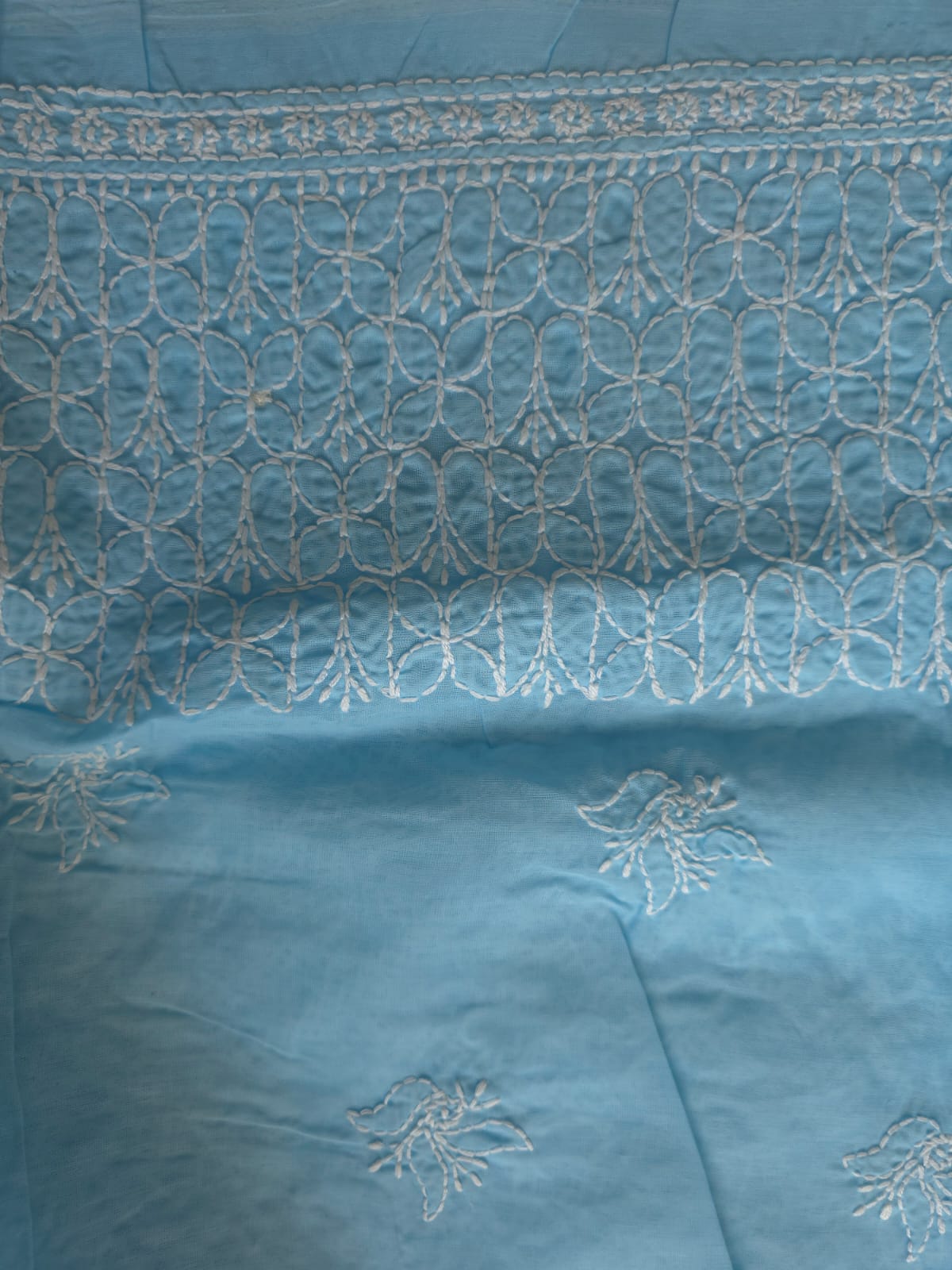 Sky Blue Cotton Kurta fabric with heavy Handwork