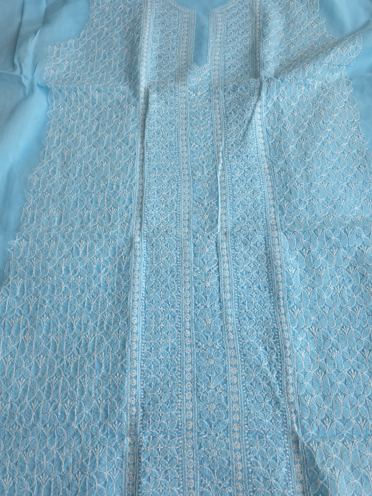 Sky Blue Cotton Kurta fabric with heavy Handwork