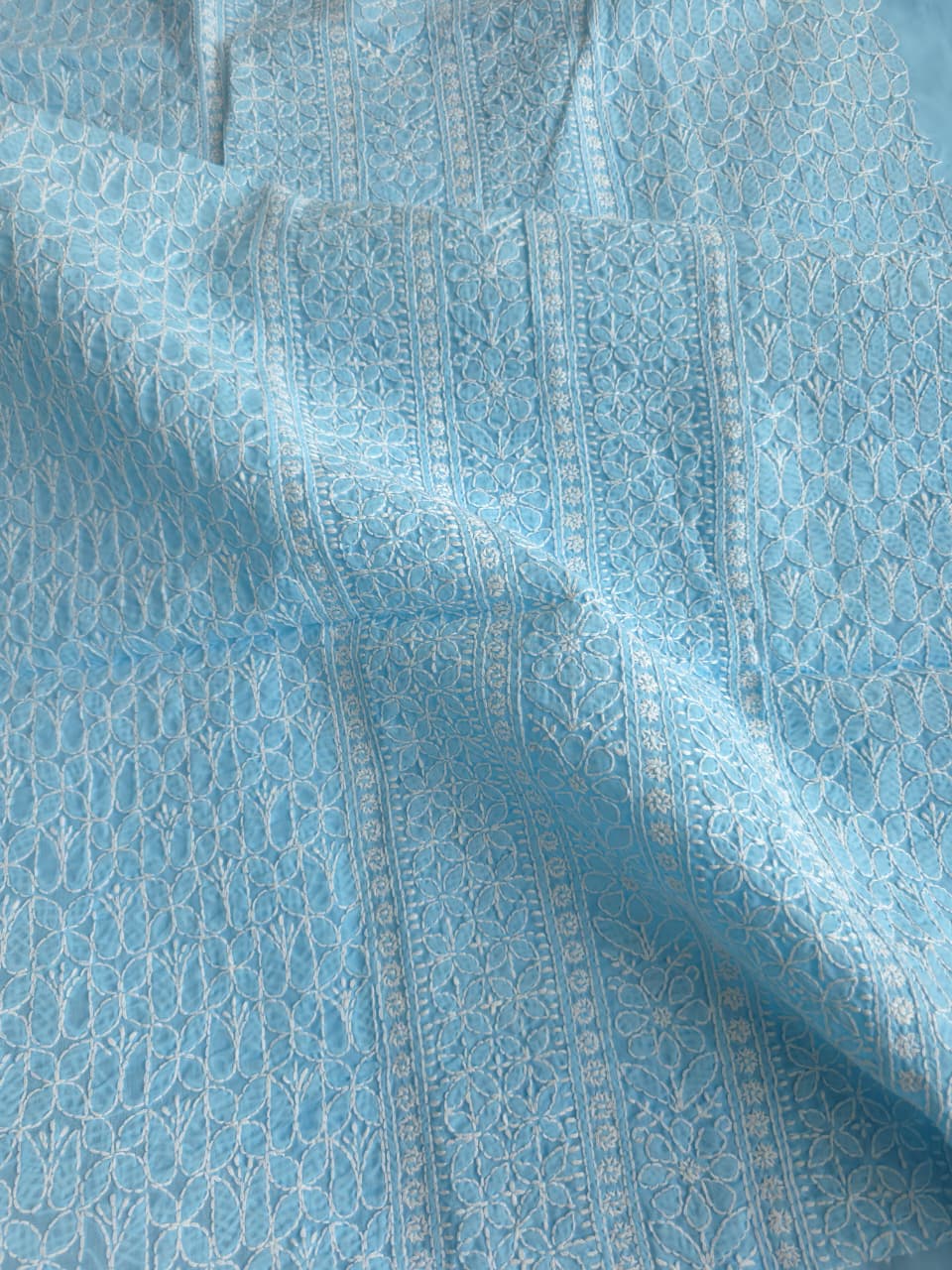Sky Blue Cotton Kurta fabric with heavy Handwork