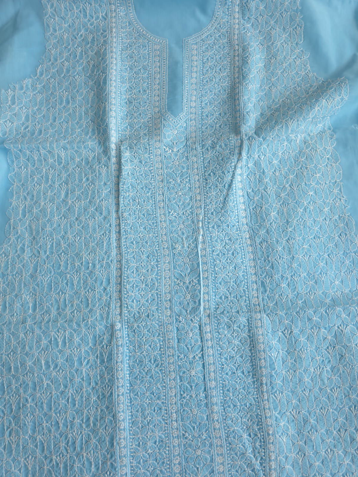 Sky Blue Cotton Kurta fabric with heavy Handwork