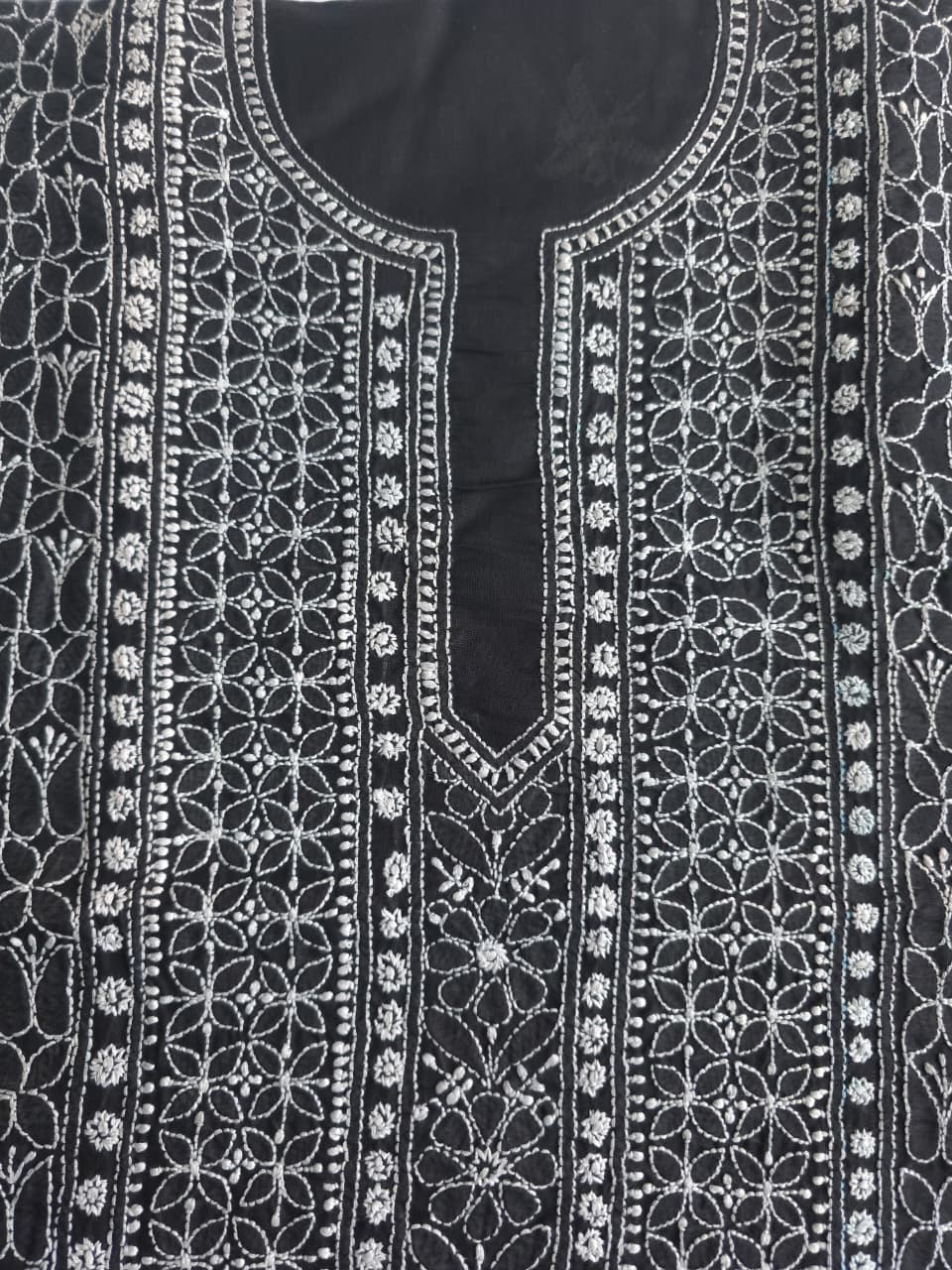 Black cotton Kurta fabric with White heavy Handwork