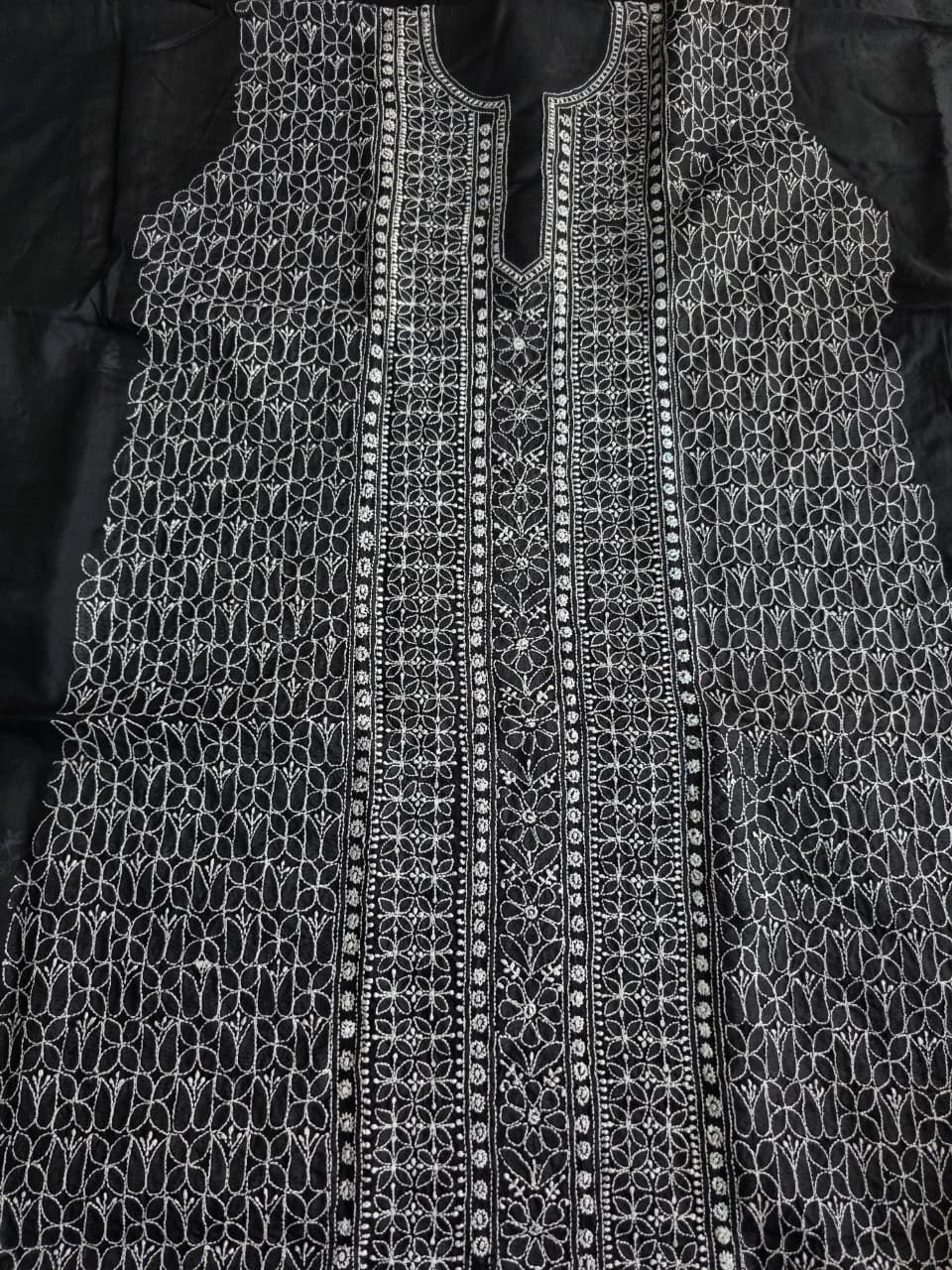 Black cotton Kurta fabric with White heavy Handwork