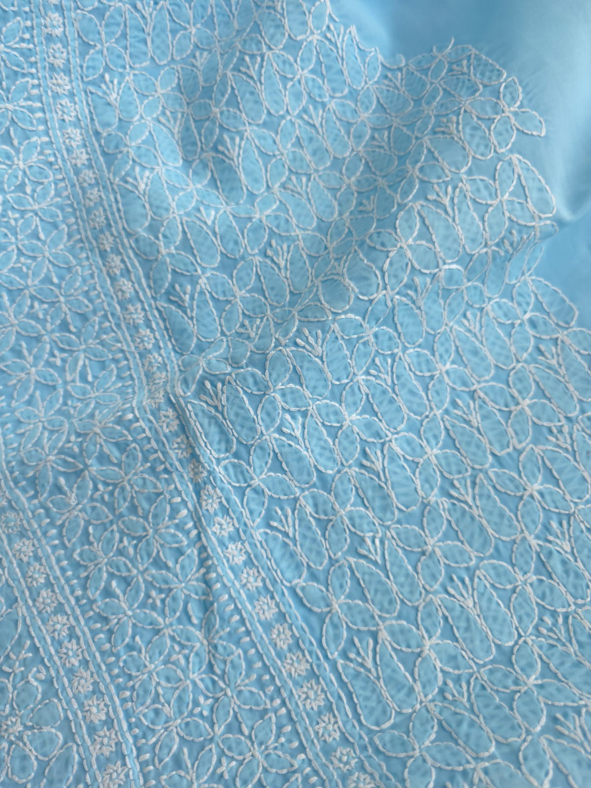 Sky Blue Cotton Kurta fabric with heavy Handwork