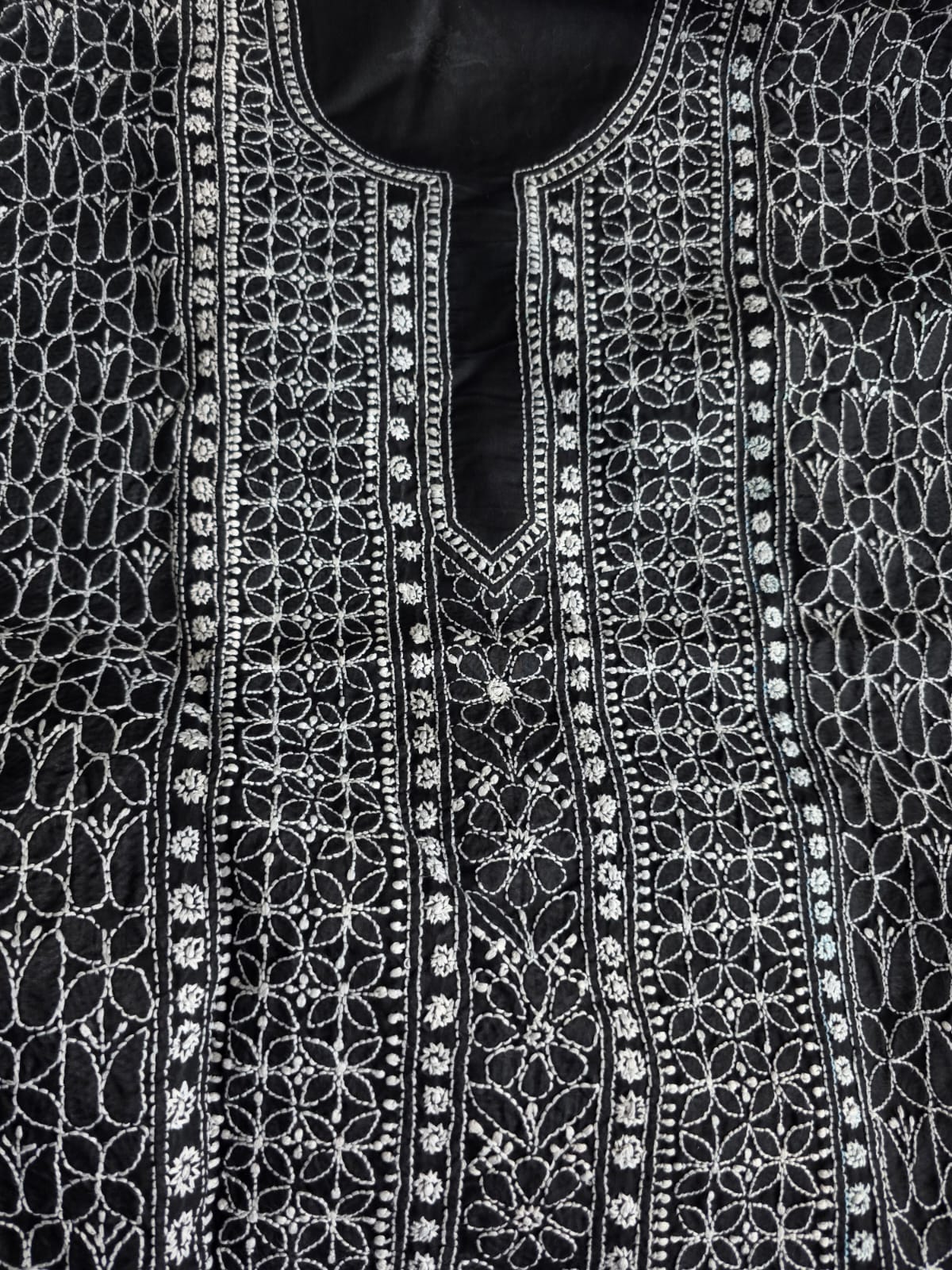 Black cotton Kurta fabric with White heavy Handwork