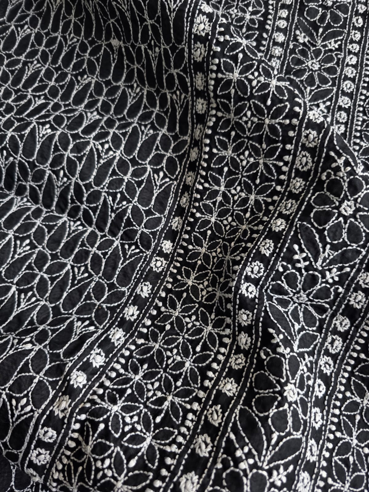 Black cotton Kurta fabric with White heavy Handwork