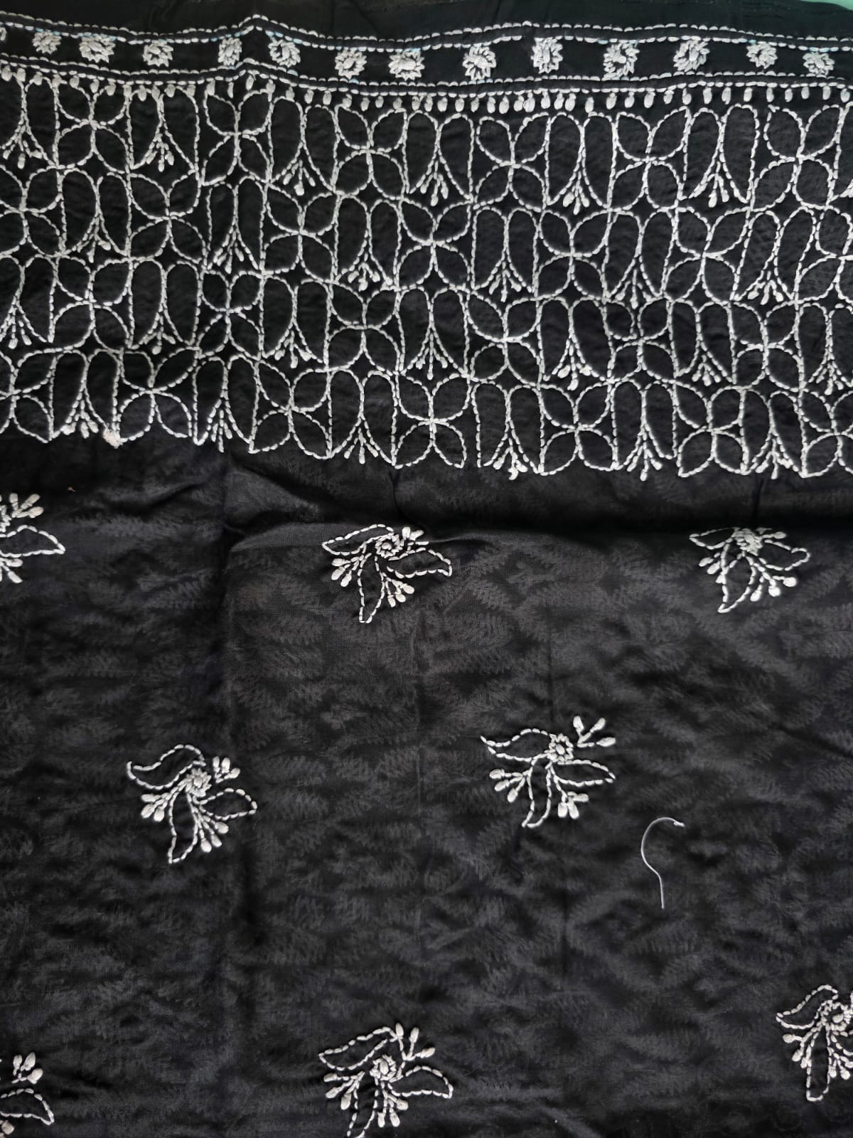 Black cotton Kurta fabric with White heavy Handwork