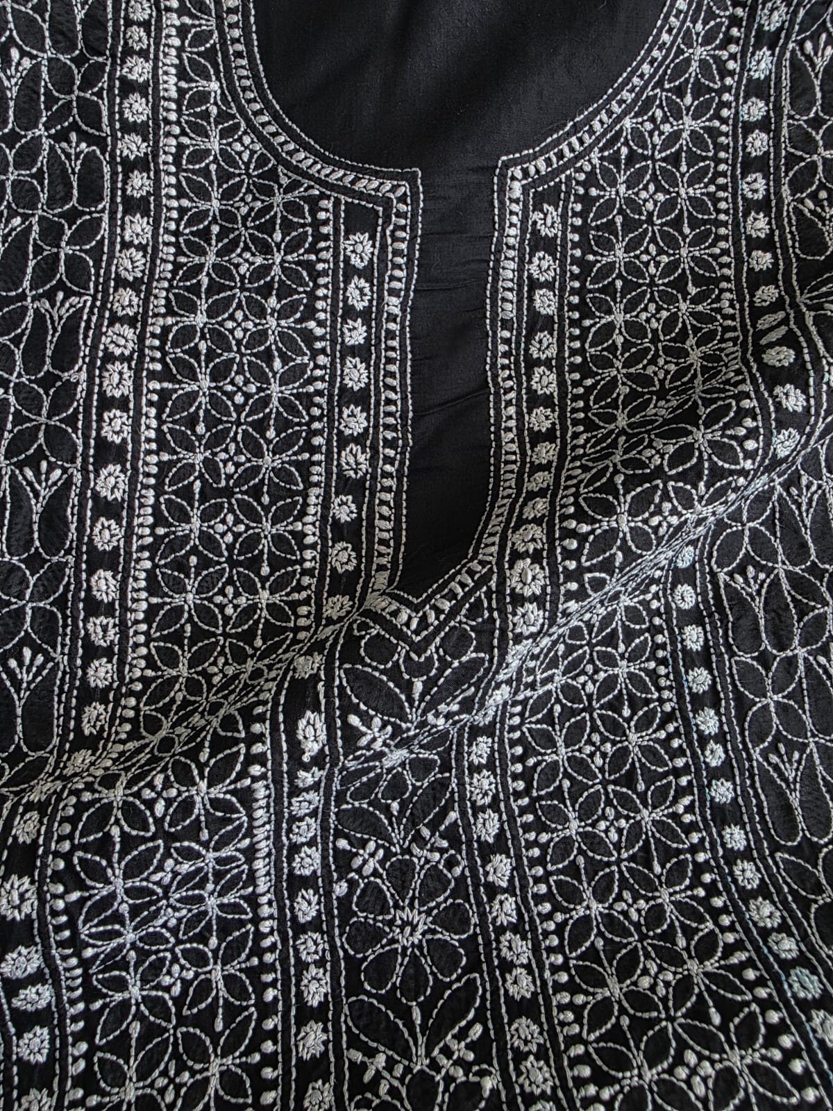 Black cotton Kurta fabric with White heavy Handwork