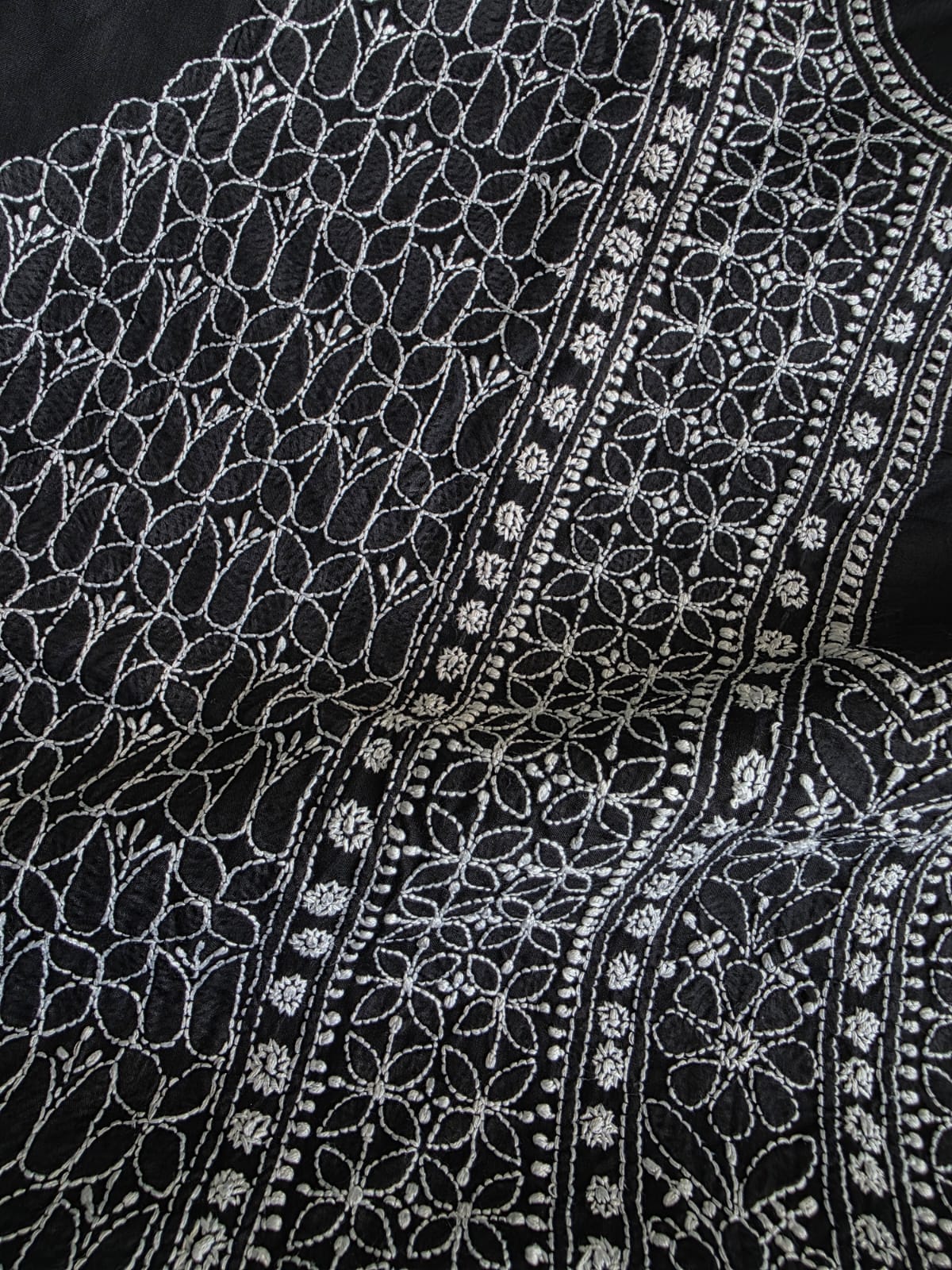 Black cotton Kurta fabric with White heavy Handwork