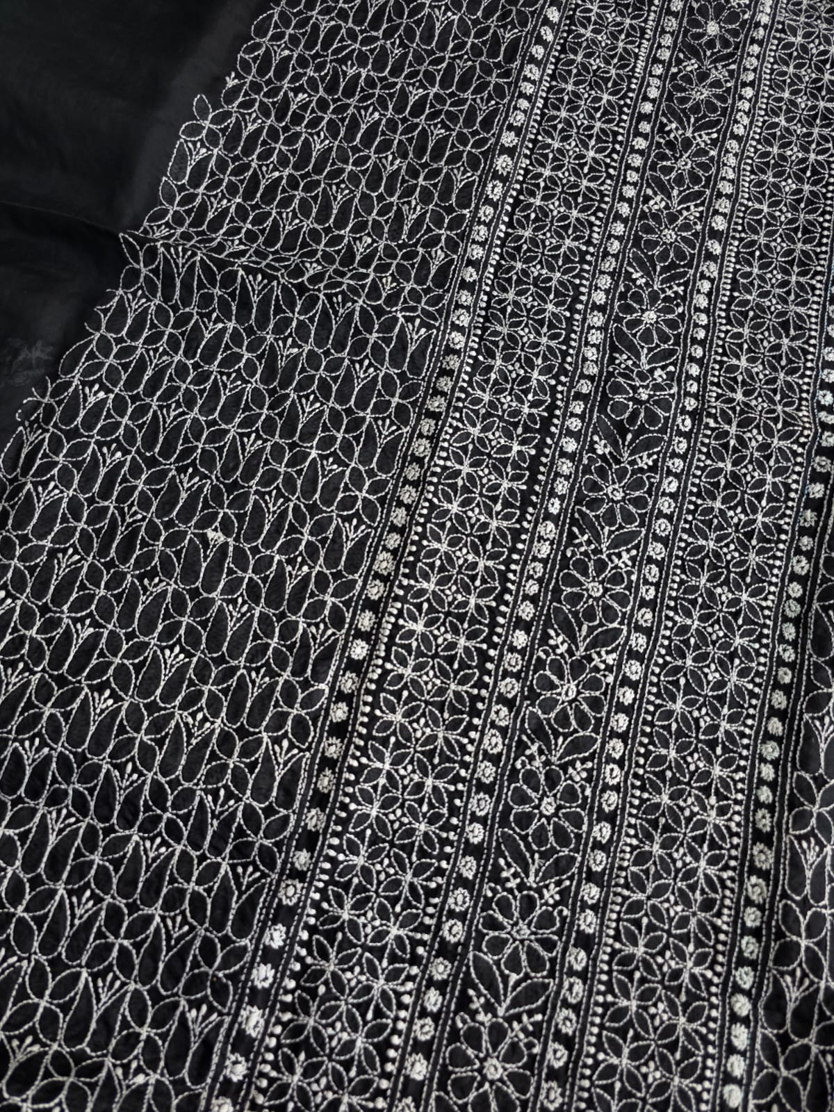 Black cotton Kurta fabric with White heavy Handwork