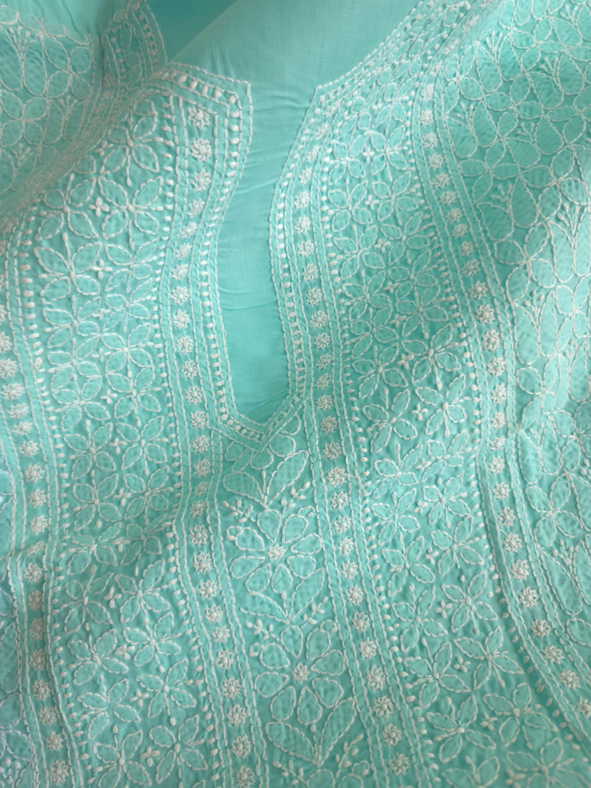 Sea Green Cotton kurta fabric with Fine handwork