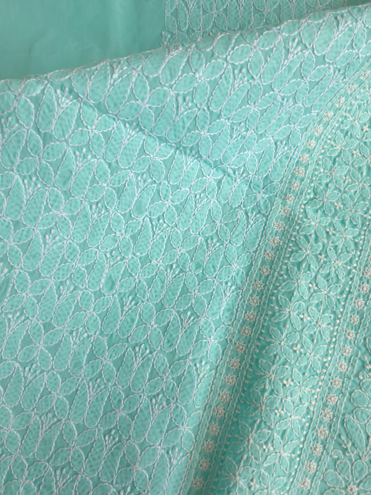 Sea Green Cotton kurta fabric with Fine handwork