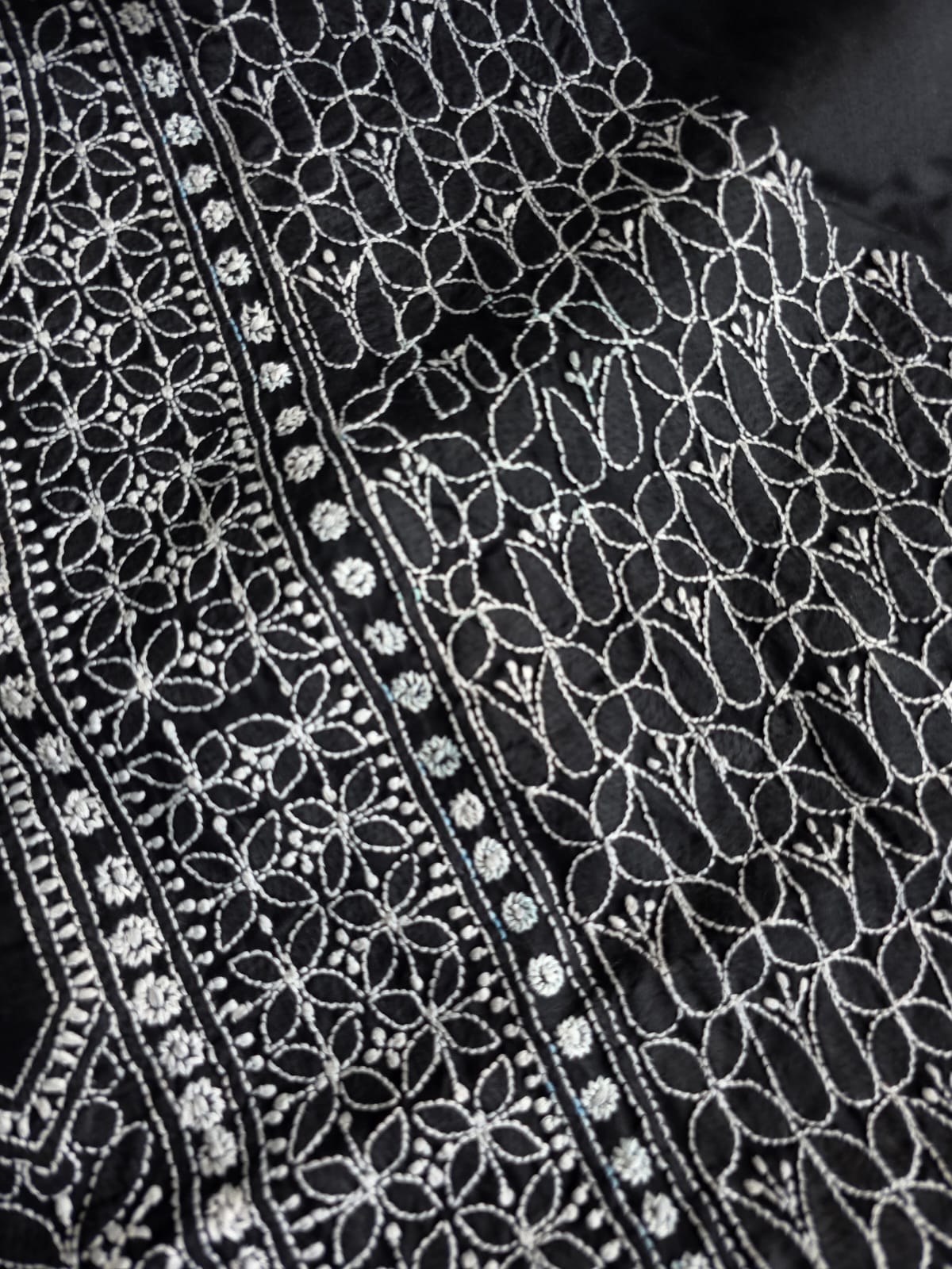 Black cotton Kurta fabric with White heavy Handwork