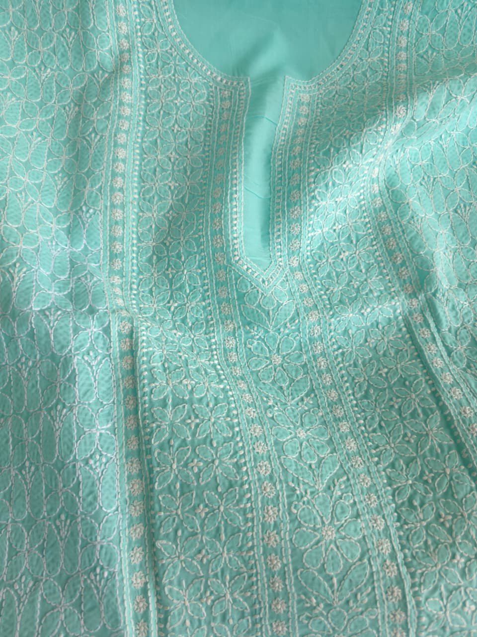 Sea Green Cotton kurta fabric with Fine handwork