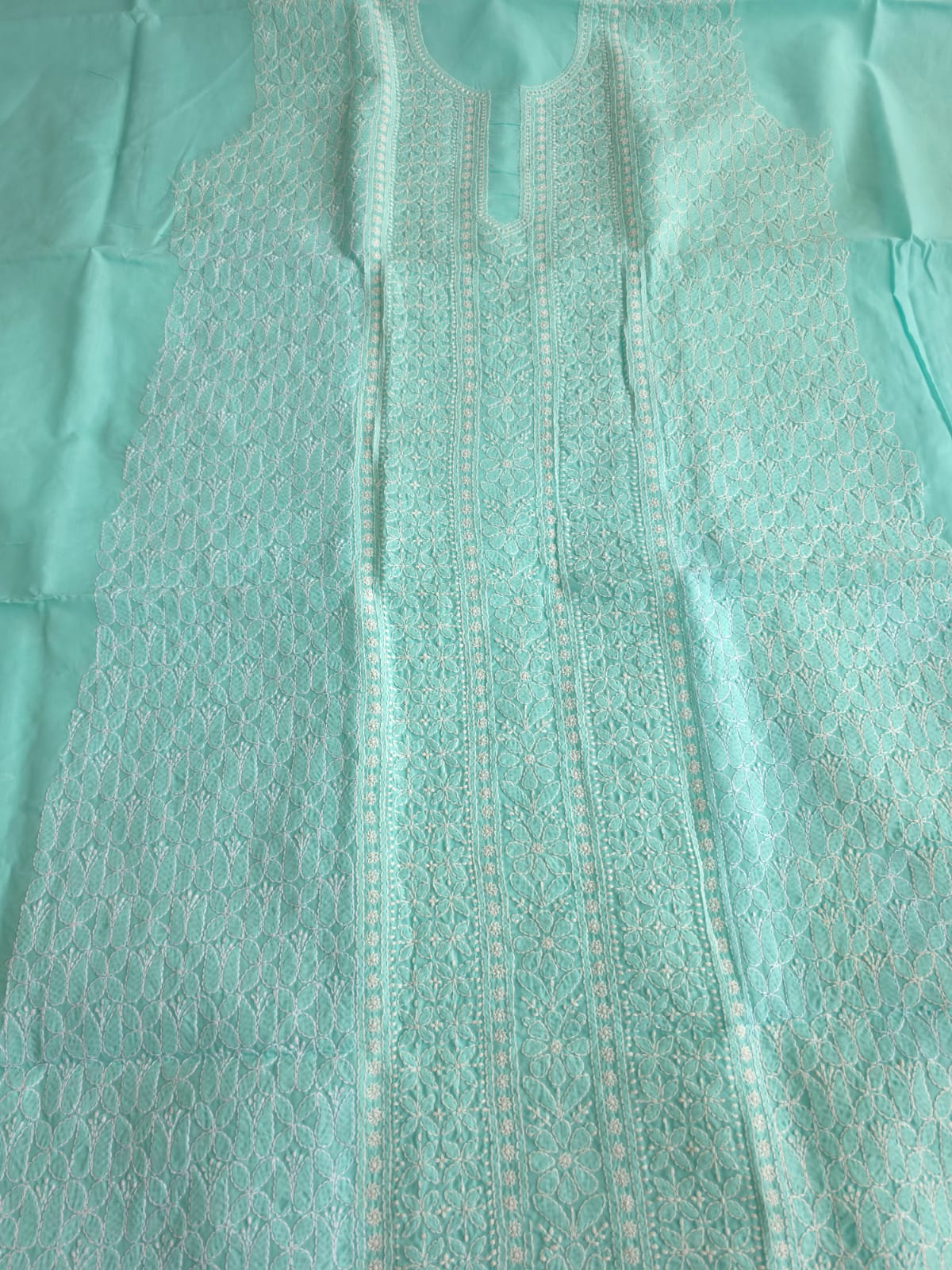 Sea Green Cotton kurta fabric with Fine handwork