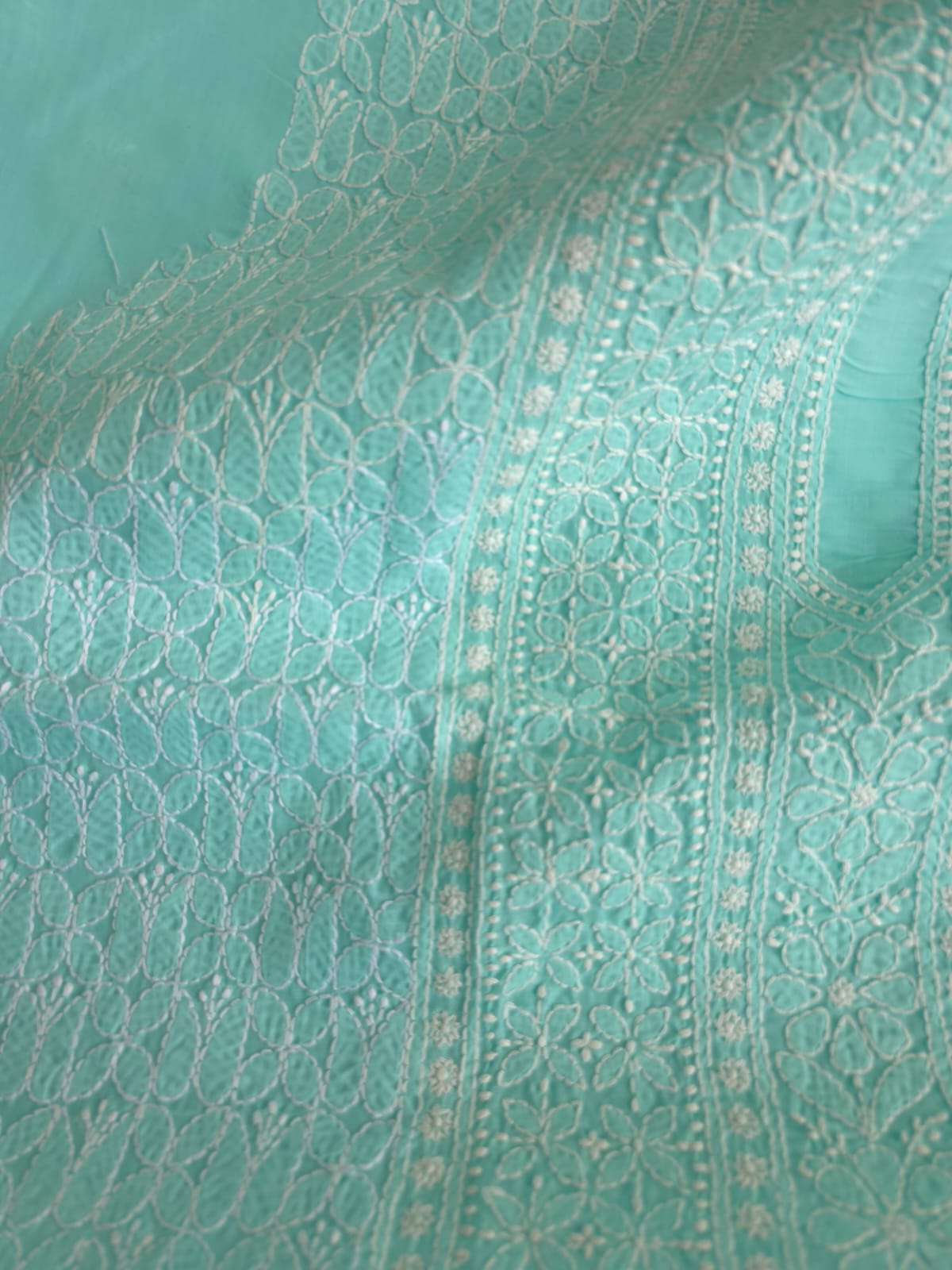 Sea Green Cotton kurta fabric with Fine handwork